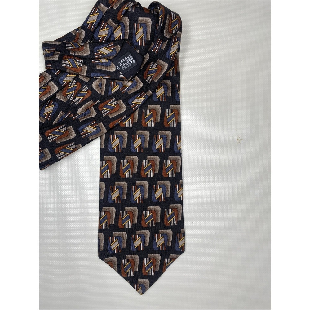 Allyn Saint George Men's Geometric Silk Tie Navy Gold Gray Woven